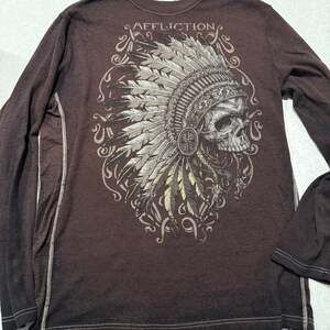 Affliction Y2K 2000s Brown Indian Skull Reversible Thermal Longsleeve Shirt